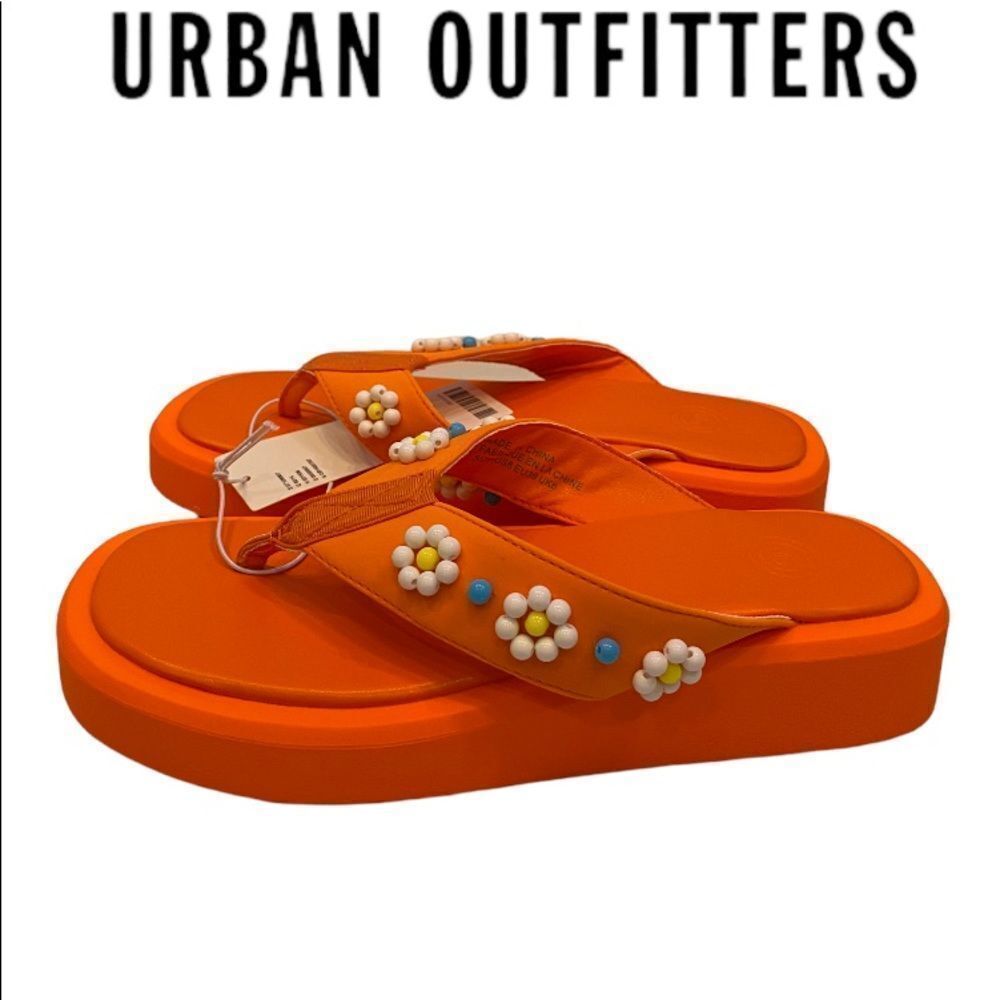NEW Urban Outfitters UO Embellished Flower Orange Thong Sandals 6 7 8 9 - Picture 2 of 5